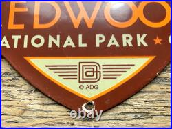 VINTAGE 12x11 REDWOOD NATIONAL PARK CA PORCELAIN GASOLINE OIL PUMP STATION SIGN