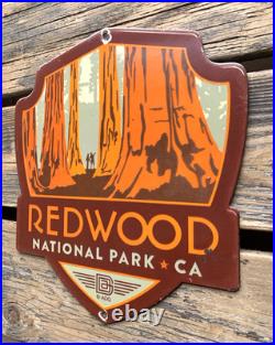 VINTAGE 12x11 REDWOOD NATIONAL PARK CA PORCELAIN GASOLINE OIL PUMP STATION SIGN