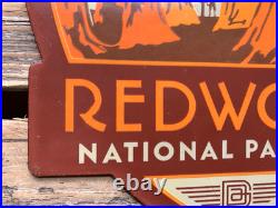 VINTAGE 12x11 REDWOOD NATIONAL PARK CA PORCELAIN GASOLINE OIL PUMP STATION SIGN