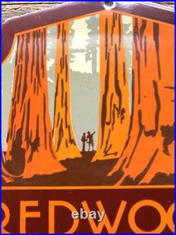 VINTAGE 12x11 REDWOOD NATIONAL PARK CA PORCELAIN GASOLINE OIL PUMP STATION SIGN