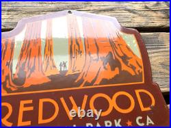 VINTAGE 12x11 REDWOOD NATIONAL PARK CA PORCELAIN GASOLINE OIL PUMP STATION SIGN