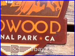 VINTAGE 12x11 REDWOOD NATIONAL PARK CA PORCELAIN GASOLINE OIL PUMP STATION SIGN