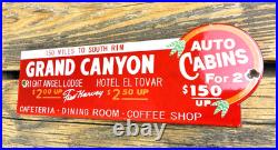 VINTAGE 12x4 GRAND CANYON AUTO LODGE CABINS PORCELAIN GAS PUMP STATION OIL SIGN
