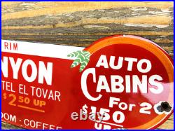 VINTAGE 12x4 GRAND CANYON AUTO LODGE CABINS PORCELAIN GAS PUMP STATION OIL SIGN