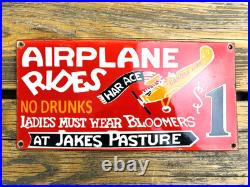 VINTAGE 12x6 AIRPLANE RIDES AT JAKES PASTURE OIL PORCELAIN GASOLINE GAS SIGN