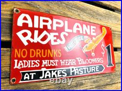 VINTAGE 12x6 AIRPLANE RIDES AT JAKES PASTURE OIL PORCELAIN GASOLINE GAS SIGN