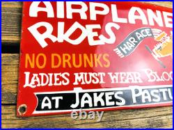 VINTAGE 12x6 AIRPLANE RIDES AT JAKES PASTURE OIL PORCELAIN GASOLINE GAS SIGN