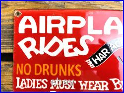 VINTAGE 12x6 AIRPLANE RIDES AT JAKES PASTURE OIL PORCELAIN GASOLINE GAS SIGN