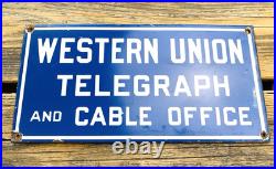VINTAGE 12x6 WESTERN UNION TELEGRAPH GASOLINE PUMP STATION PORCELAIN OIL SIGN