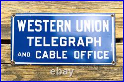 VINTAGE 12x6 WESTERN UNION TELEGRAPH GASOLINE PUMP STATION PORCELAIN OIL SIGN