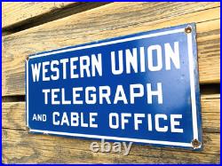 VINTAGE 12x6 WESTERN UNION TELEGRAPH GASOLINE PUMP STATION PORCELAIN OIL SIGN