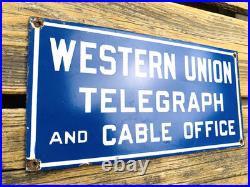 VINTAGE 12x6 WESTERN UNION TELEGRAPH GASOLINE PUMP STATION PORCELAIN OIL SIGN