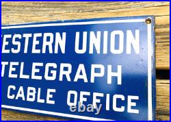 VINTAGE 12x6 WESTERN UNION TELEGRAPH GASOLINE PUMP STATION PORCELAIN OIL SIGN