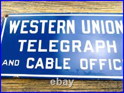 VINTAGE 12x6 WESTERN UNION TELEGRAPH GASOLINE PUMP STATION PORCELAIN OIL SIGN