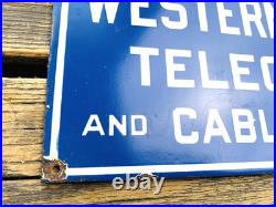 VINTAGE 12x6 WESTERN UNION TELEGRAPH GASOLINE PUMP STATION PORCELAIN OIL SIGN