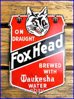 VINTAGE 12x7 FOX HEAD BEER PUMP STATION PORCELAIN GASOLINE MOTOR OIL GAS SIGN