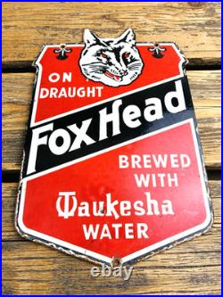 VINTAGE 12x7 FOX HEAD BEER PUMP STATION PORCELAIN GASOLINE MOTOR OIL GAS SIGN