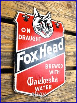 VINTAGE 12x7 FOX HEAD BEER PUMP STATION PORCELAIN GASOLINE MOTOR OIL GAS SIGN