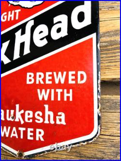 VINTAGE 12x7 FOX HEAD BEER PUMP STATION PORCELAIN GASOLINE MOTOR OIL GAS SIGN