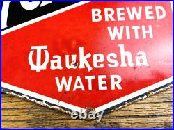 VINTAGE 12x7 FOX HEAD BEER PUMP STATION PORCELAIN GASOLINE MOTOR OIL GAS SIGN