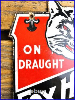 VINTAGE 12x7 FOX HEAD BEER PUMP STATION PORCELAIN GASOLINE MOTOR OIL GAS SIGN