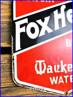 VINTAGE 12x7 FOX HEAD BEER PUMP STATION PORCELAIN GASOLINE MOTOR OIL GAS SIGN