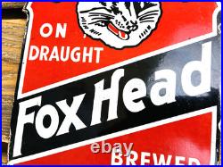 VINTAGE 12x7 FOX HEAD BEER PUMP STATION PORCELAIN GASOLINE MOTOR OIL GAS SIGN