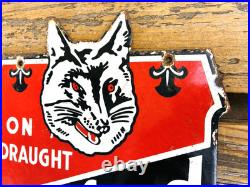 VINTAGE 12x7 FOX HEAD BEER PUMP STATION PORCELAIN GASOLINE MOTOR OIL GAS SIGN