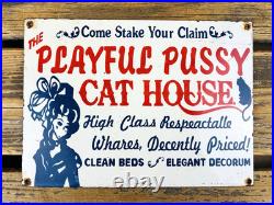 VINTAGE 12x8 PLAYFUL PUSSY CAT HOUSE OIL PORCELAIN GASOLINE ADVERTISING SIGN