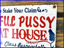 VINTAGE 12x8 PLAYFUL PUSSY CAT HOUSE OIL PORCELAIN GASOLINE ADVERTISING SIGN