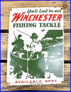 VINTAGE 14x10 WINCHESTER FISHING TACKLE HUNTING GAS OIL GASOLINE PORCELAIN SIGN