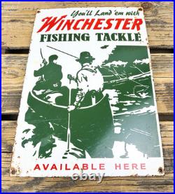 VINTAGE 14x10 WINCHESTER FISHING TACKLE HUNTING GAS OIL GASOLINE PORCELAIN SIGN