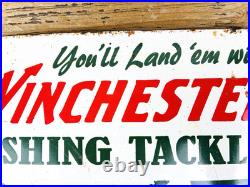 VINTAGE 14x10 WINCHESTER FISHING TACKLE HUNTING GAS OIL GASOLINE PORCELAIN SIGN