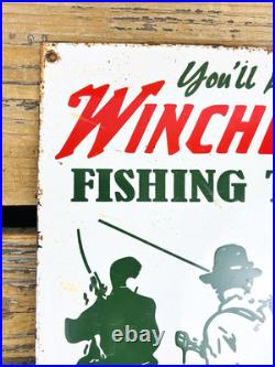 VINTAGE 14x10 WINCHESTER FISHING TACKLE HUNTING GAS OIL GASOLINE PORCELAIN SIGN