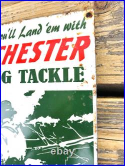 VINTAGE 14x10 WINCHESTER FISHING TACKLE HUNTING GAS OIL GASOLINE PORCELAIN SIGN