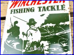 VINTAGE 14x10 WINCHESTER FISHING TACKLE HUNTING GAS OIL GASOLINE PORCELAIN SIGN