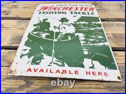 VINTAGE 14x10 WINCHESTER FISHING TACKLE HUNTING GAS OIL GASOLINE PORCELAIN SIGN