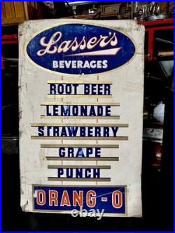 VINTAGE 1940'S LASSER'S BEVERAGES DEALER SIGN EXTREMELY RARE ORANGE-O Soda