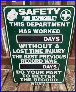 VINTAGE 1950/1960's SAFETY LOST TIME INJURY RECORDER HUGE PORCELAIN SIGN