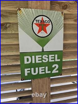 VINTAGE 1955 Texaco Diesel fuel 2 Porcelain DEALERSHIP Sign (Green) 18 X 12