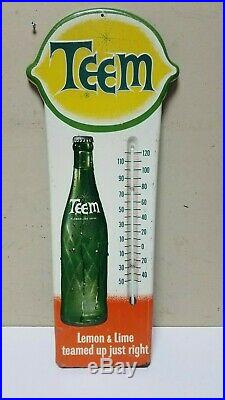 VINTAGE 1960s TEEM SODA POP SIGN THERMOMETER EMBOSSED 28x12