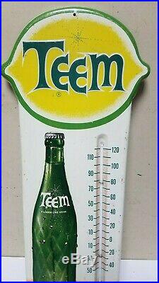 VINTAGE 1960s TEEM SODA POP SIGN THERMOMETER EMBOSSED 28x12