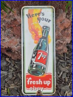 VINTAGE 7UP PORCELAIN SIGN OLD SODA POP BEVERAGE BOTTLE GAS STORE 12x4.5