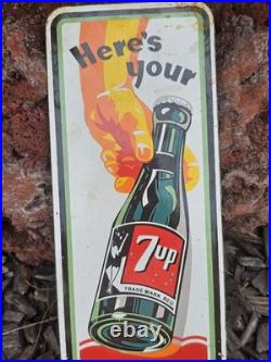 VINTAGE 7UP PORCELAIN SIGN OLD SODA POP BEVERAGE BOTTLE GAS STORE 12x4.5