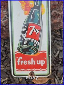 VINTAGE 7UP PORCELAIN SIGN OLD SODA POP BEVERAGE BOTTLE GAS STORE 12x4.5