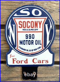 VINTAGE 8x12 SOCONY 990 MOR OIL for Ford Cars GASOLINE PORCELAIN MOTOR OIL SIGN