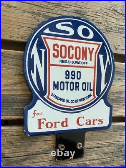 VINTAGE 8x12 SOCONY 990 MOR OIL for Ford Cars GASOLINE PORCELAIN MOTOR OIL SIGN