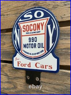 VINTAGE 8x12 SOCONY 990 MOR OIL for Ford Cars GASOLINE PORCELAIN MOTOR OIL SIGN
