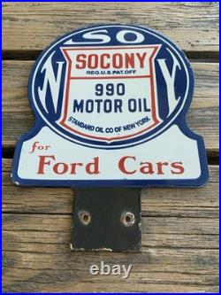VINTAGE 8x12 SOCONY 990 MOR OIL for Ford Cars GASOLINE PORCELAIN MOTOR OIL SIGN