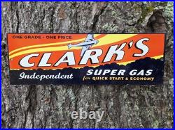 VINTAGE CLARKS INDEPENDENT SUPER GAS PORCELAIN SIGN CAR GAS OIL PLANE 12x5